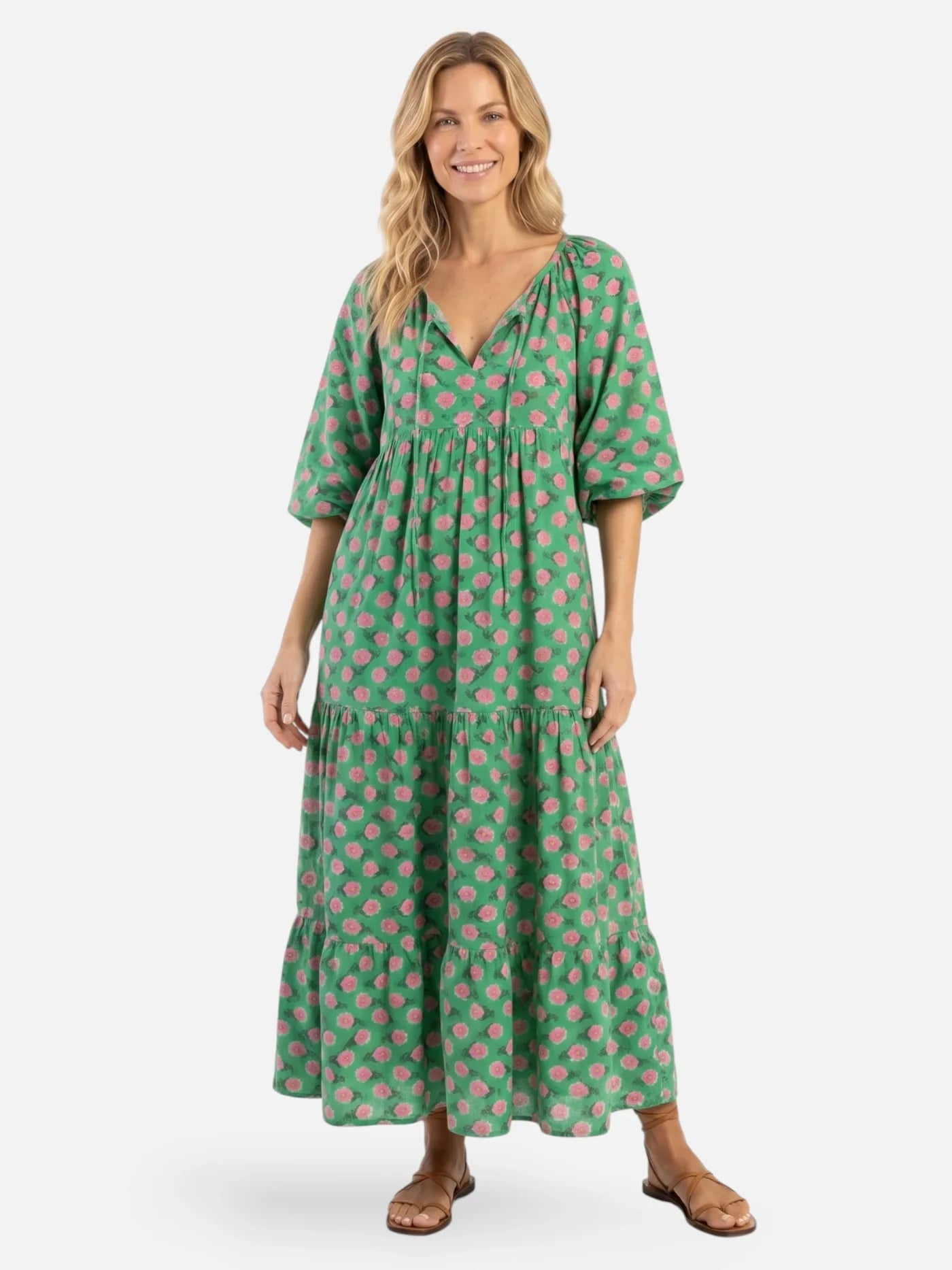 Women's Floral Maxi Dress with V-Neck, Puff Sleeves and Tiered Skirt