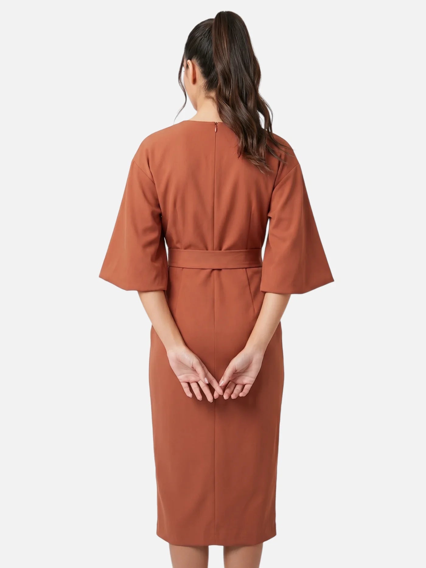 Women's Belted Midi Dress with Kimono Sleeves and Wrap Skirt