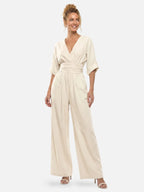 Women’s Wide Leg Jumpsuit – Elegant Wrap V-Neck Dressy One-Piece