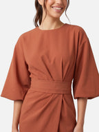 Women's Belted Midi Dress with Kimono Sleeves and Wrap Skirt