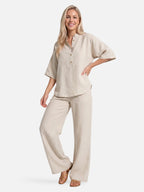 Women’s Matching Set – Relaxed Wide Leg Pants & Button Blouse Set
