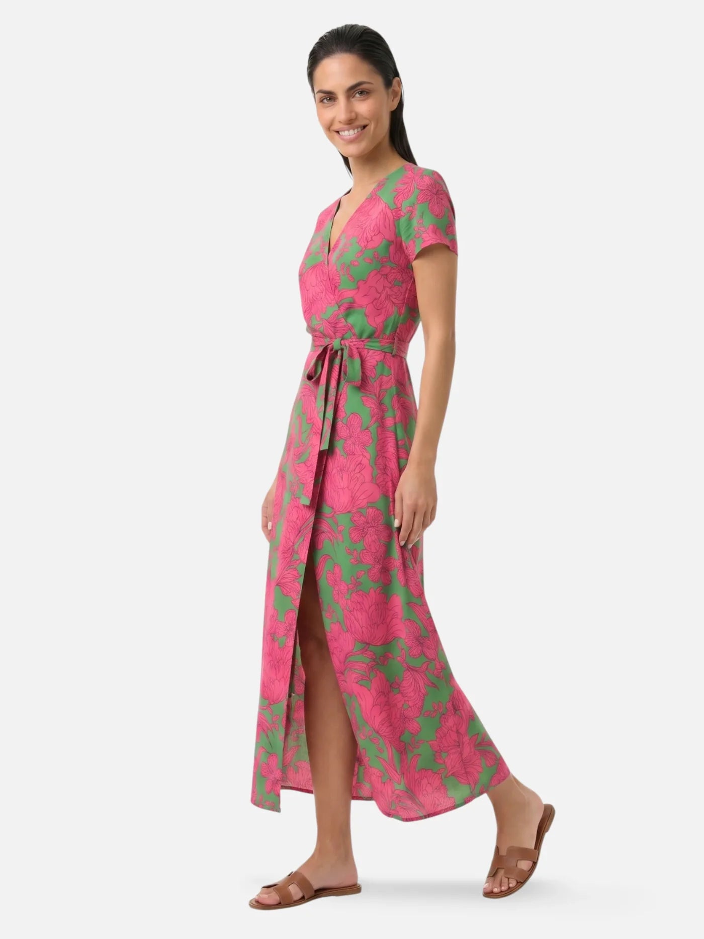 Women's Floral Wrap Maxi Dress with Short Sleeves and Tie Waist