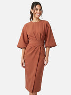 Women's Belted Midi Dress with Kimono Sleeves and Wrap Skirt