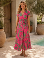 Women's Floral Wrap Maxi Dress with Short Sleeves and Tie Waist
