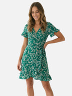 Women’s Floral Wrap Mini Dress with Short Sleeves and Ruffle Hem