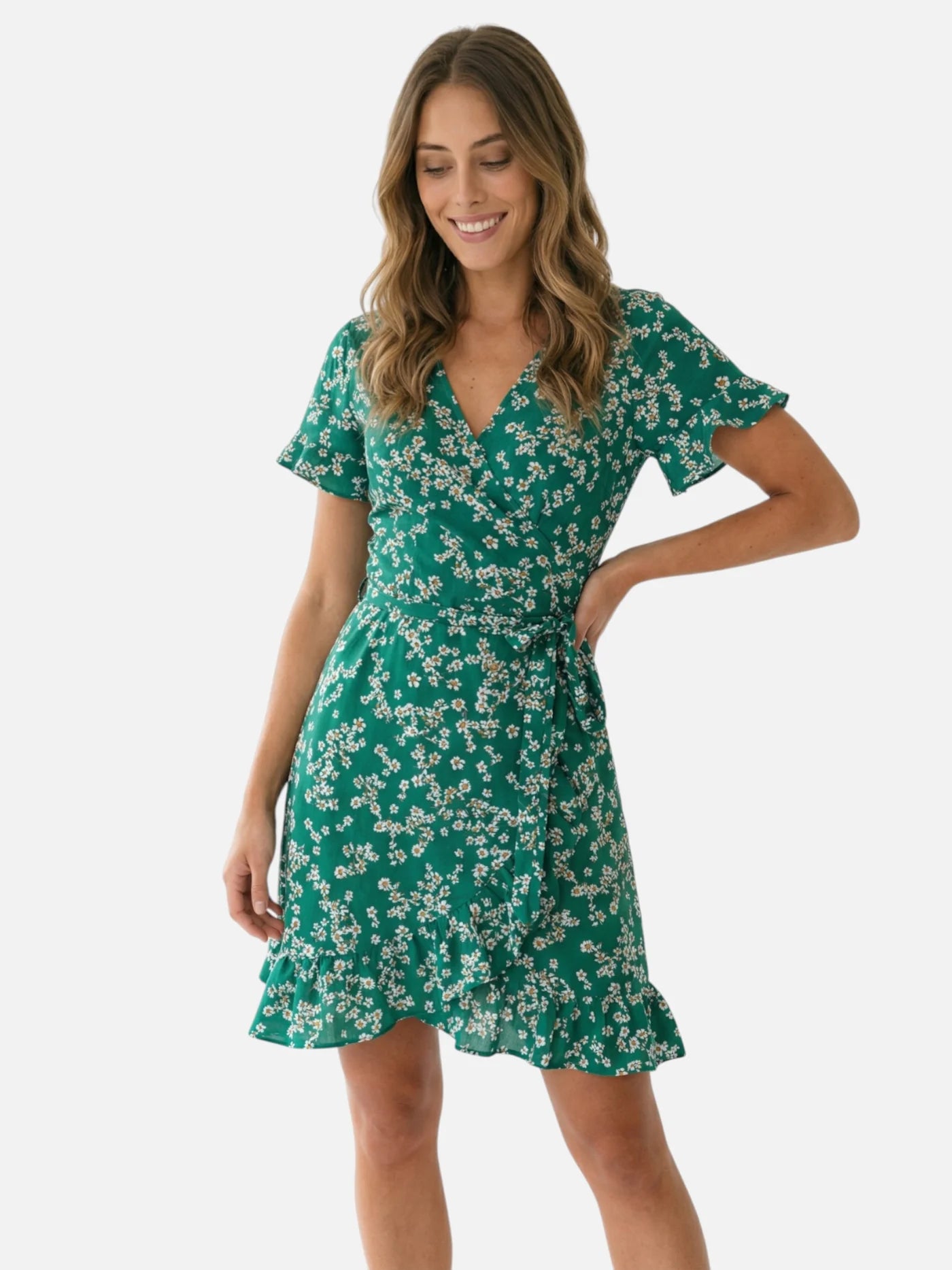 Women’s Floral Wrap Mini Dress with Short Sleeves and Ruffle Hem