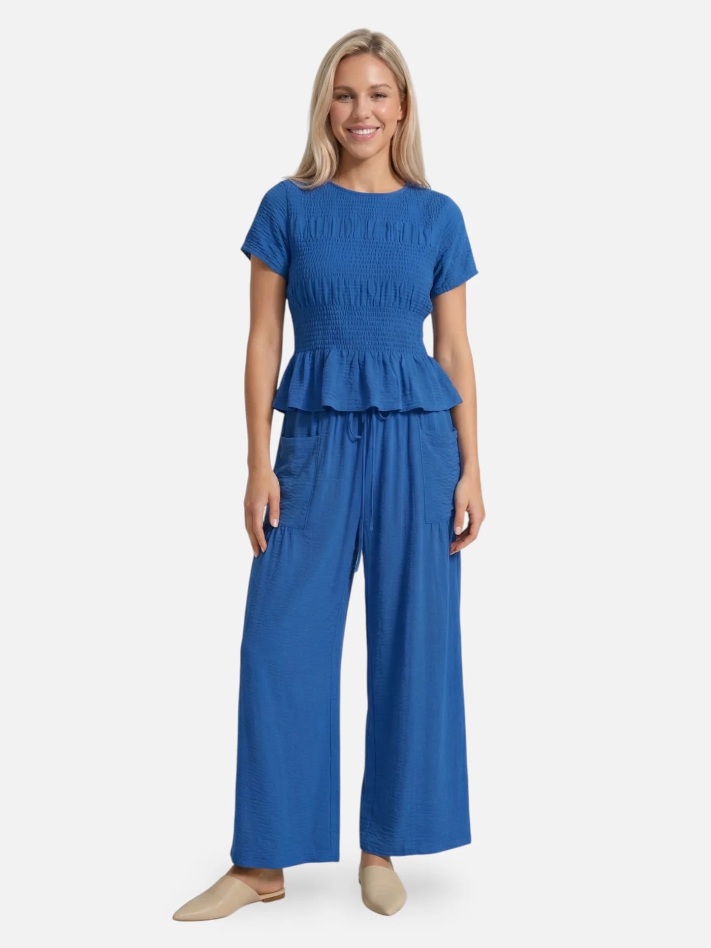 Women’s Textured Matching Set with Short Sleeve Top and Wide Leg Pants