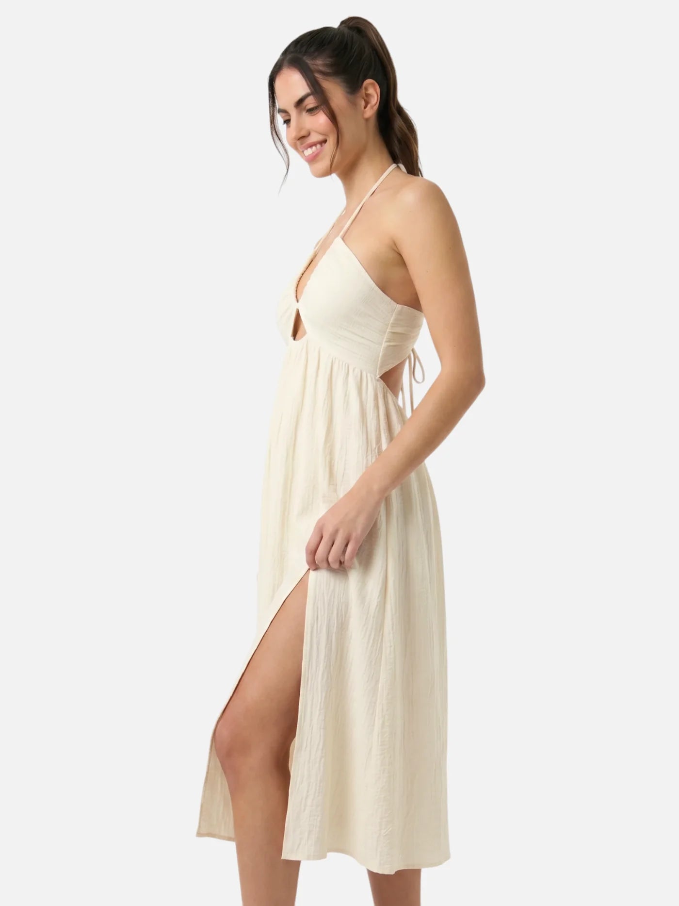Women's Halter Midi Dress with Open Back and Side Slit