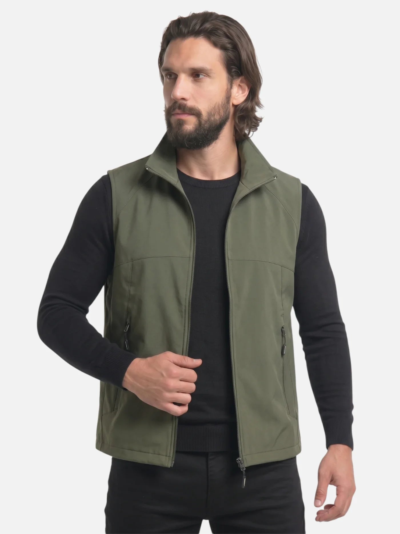 Men's Zip-Up Vest with Stand Collar and Zip Pockets
