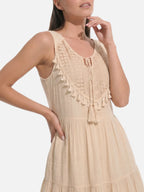 Women's Boho Mini Dress with Crochet Yoke and Tassel Trim