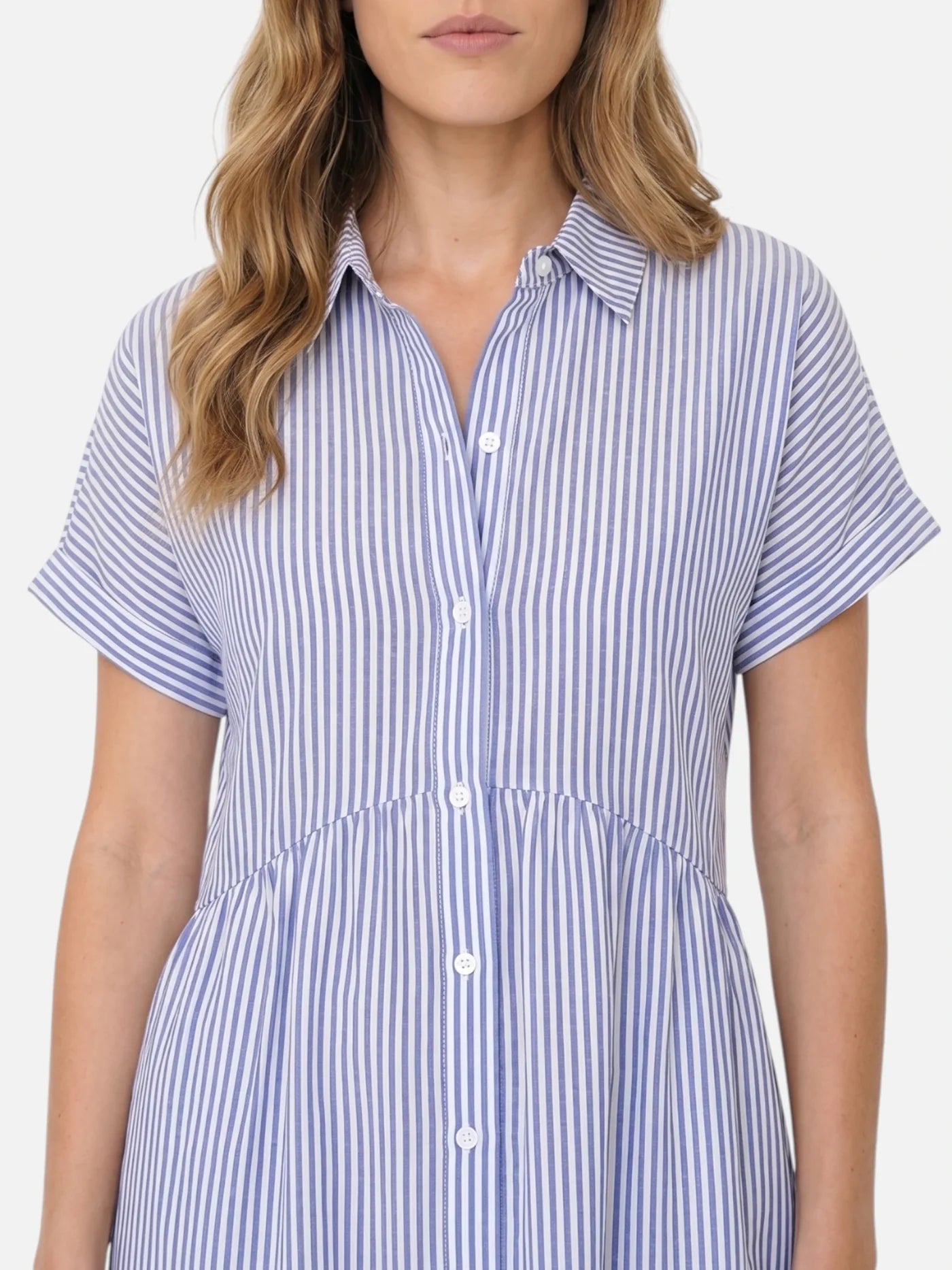 Women's Striped Midi Shirt Dress with Collar and Flared Skirt