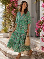 Women's Floral Maxi Dress with V-Neck, Puff Sleeves and Tiered Skirt