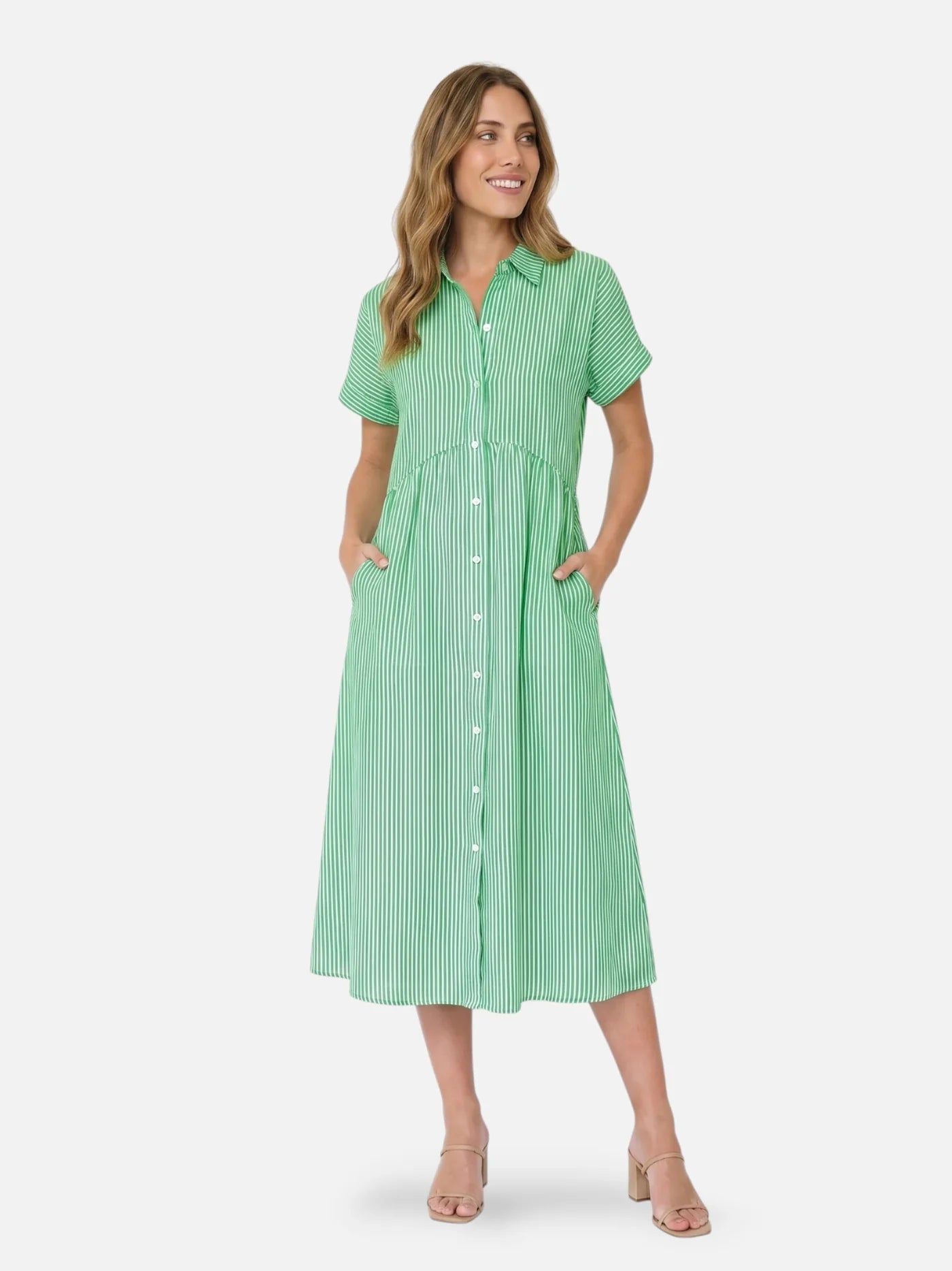 Women's Striped Midi Shirt Dress with Collar and Flared Skirt