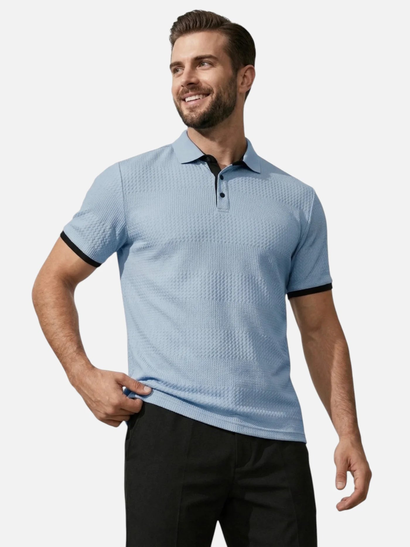 Men’s Textured Polo Shirt with Contrast Trim – Modern Fit Short Sleeve Polo
