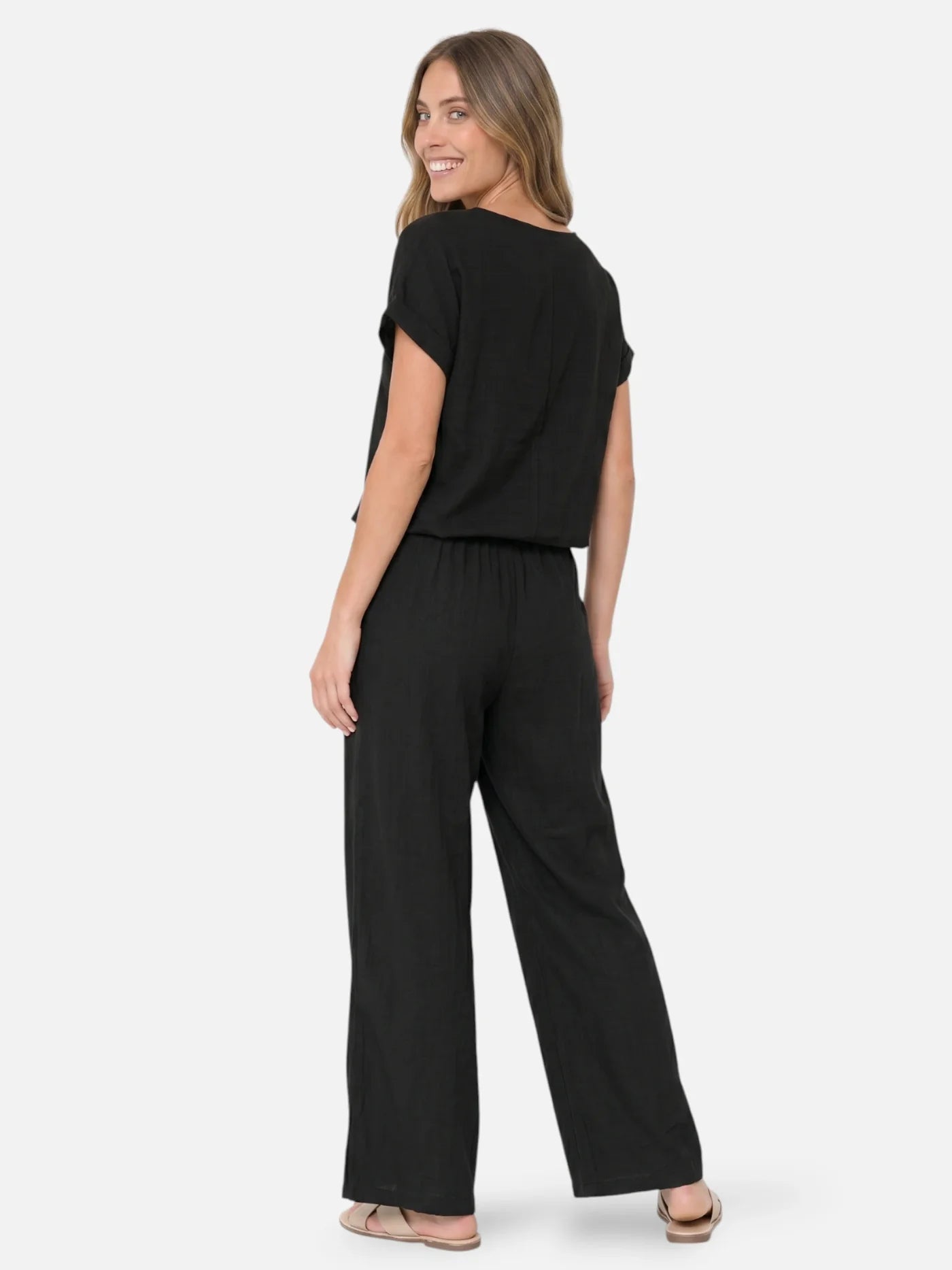 Women’s Matching Set with Short Sleeve Top and Wide Leg Pants – Lightweight Summer Outfit