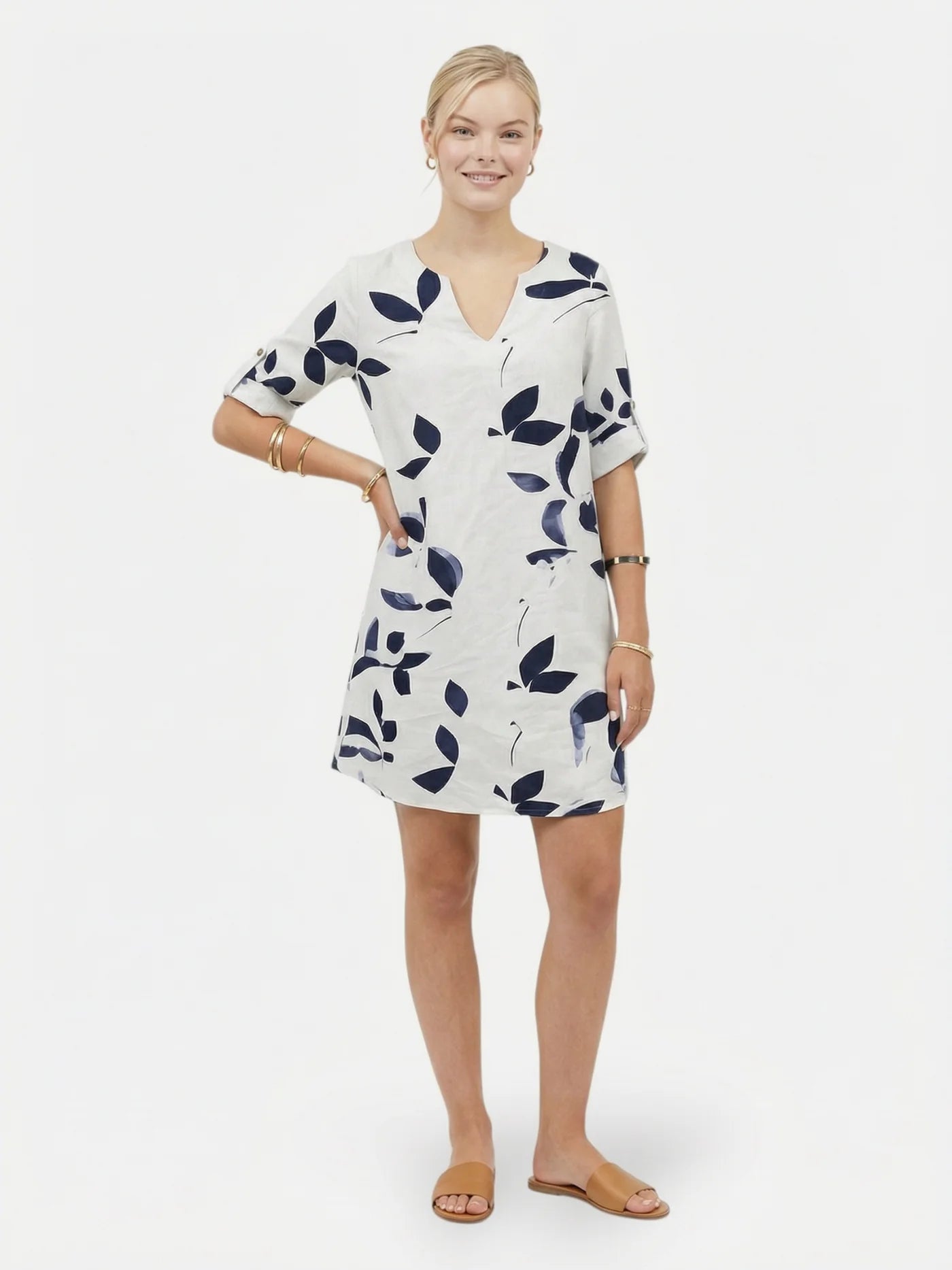 Women’s V Neck Mini Dress with Leaf Print and Rolled Short Sleeves