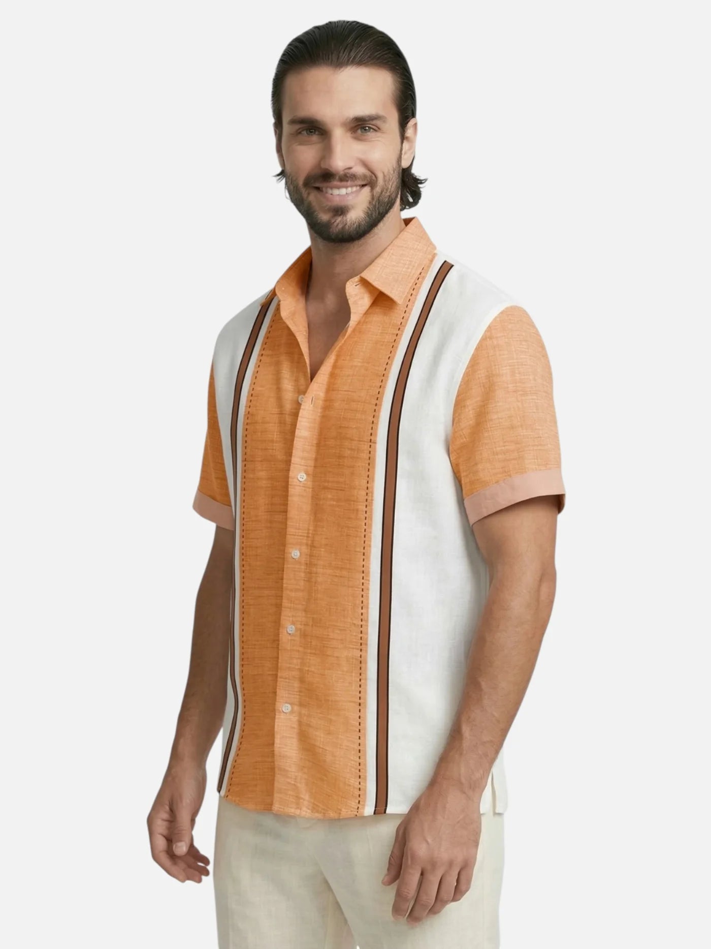 Men’s Short Sleeve Summer Button-Up Shirt with Vertical Stripes