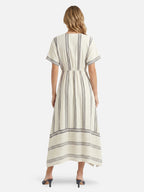 Women’s Striped Maxi Dress – V-Neck Cinched Waist Flowy Summer Dress