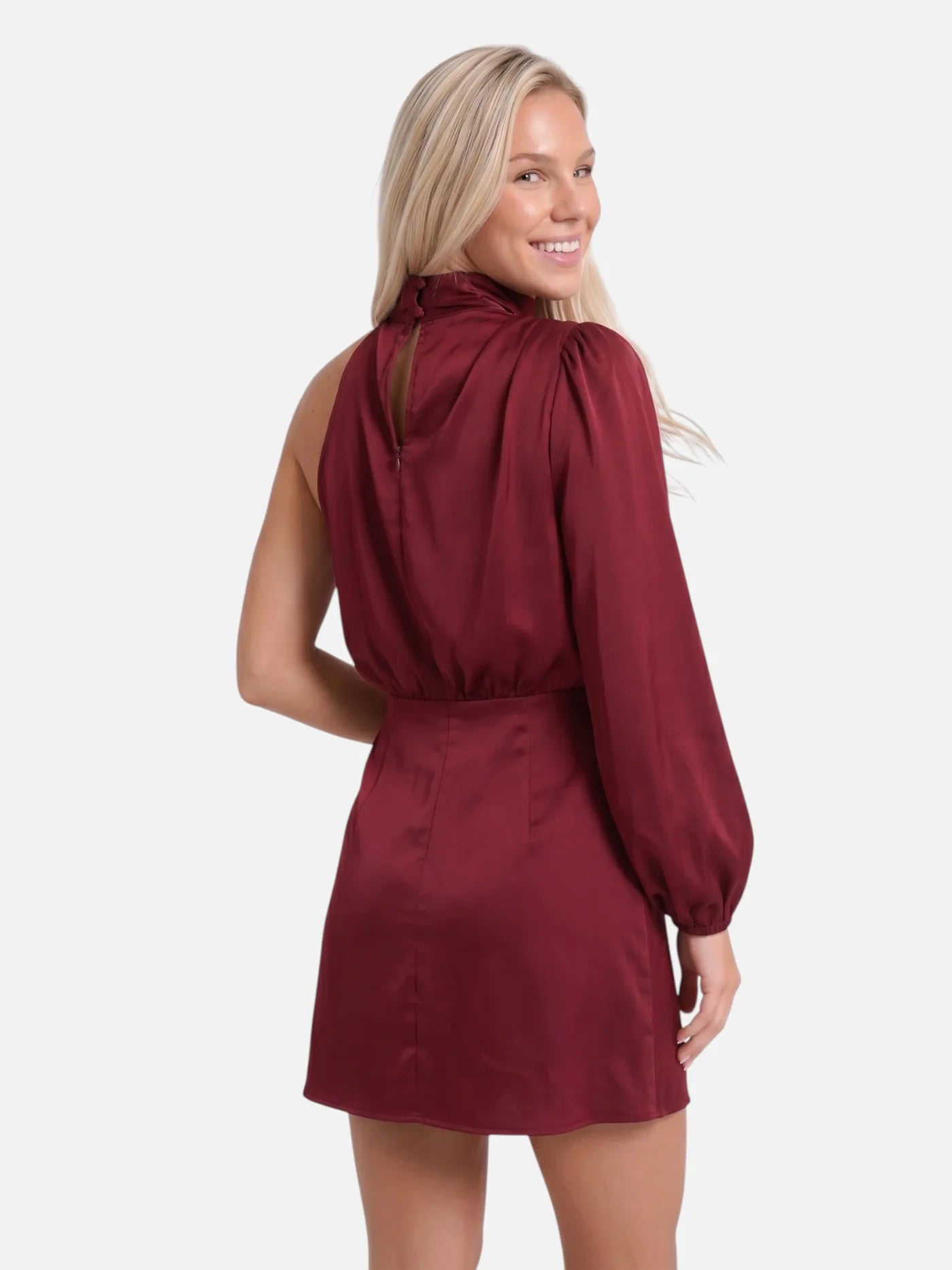 Women's Satin One-Shoulder Mini Dress with Draped Mock Neck