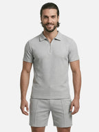 Men’s Textured Summer Set with Short Sleeve Polo and Matching Shorts