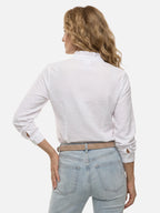 Women's Textured Striped Blouse with Ruffle Details