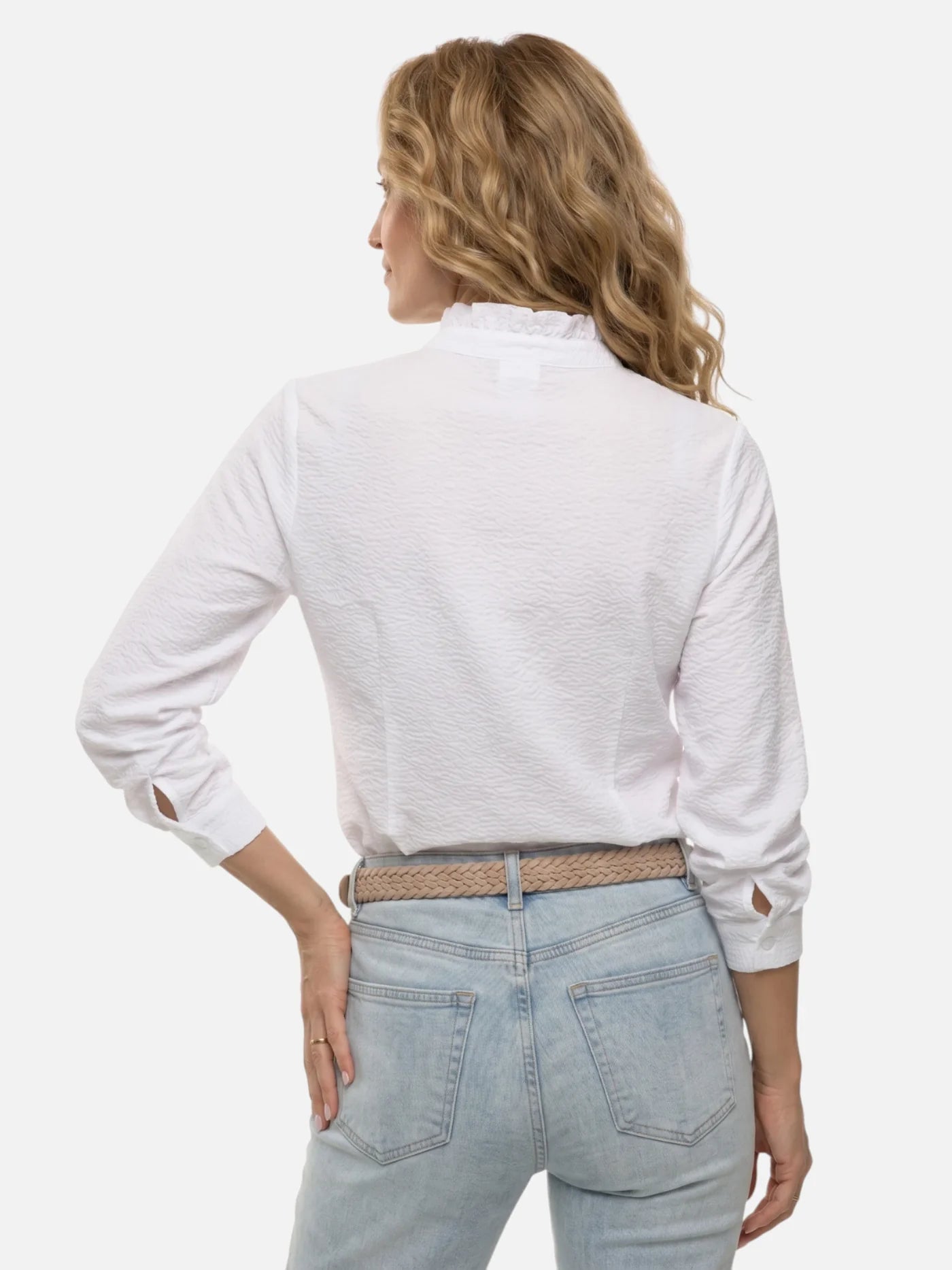 Women's Textured Striped Blouse with Ruffle Details