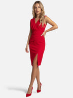 Women's Draped V-Neck Bodycon Dress with Asymmetric Slit