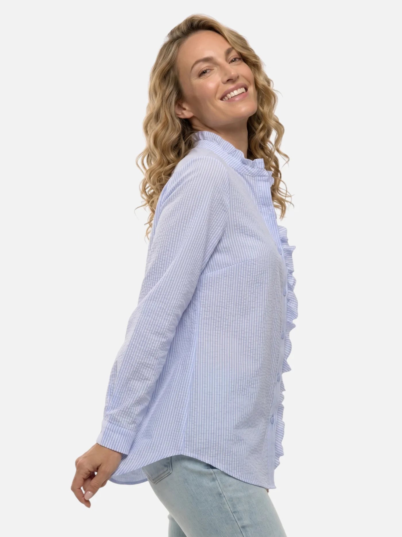Women's Textured Striped Blouse with Ruffle Details