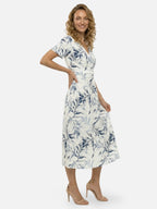 Women’s Leaf Print Midi Dress with V Neck and Flowy A-Line Fit