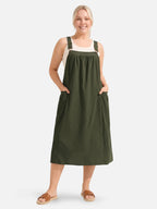 Women's Midi Pinafore Dress with Adjustable Straps and Side Pockets