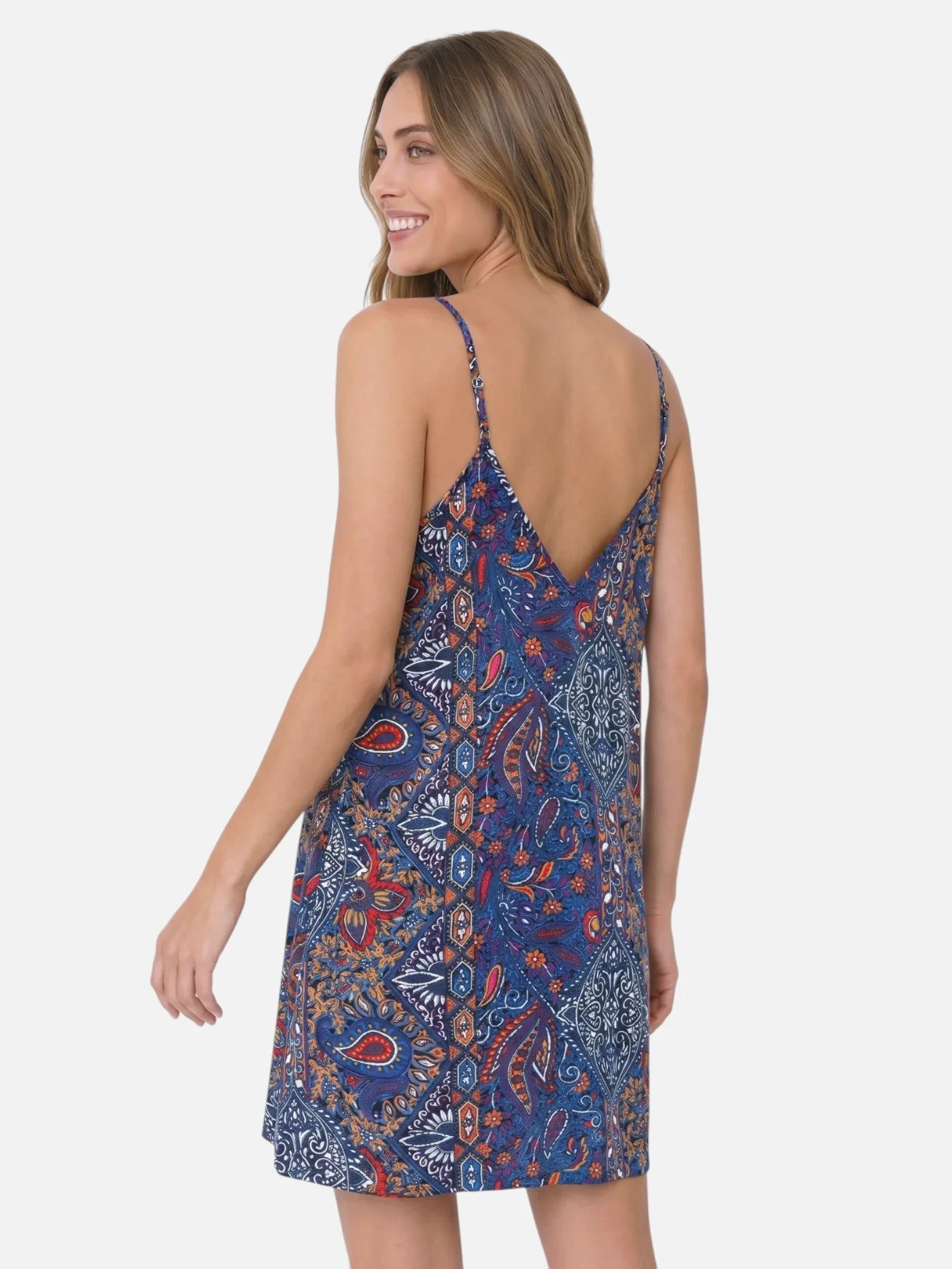 Women's Paisley Print Boho Mini Dress with Spaghetti Straps