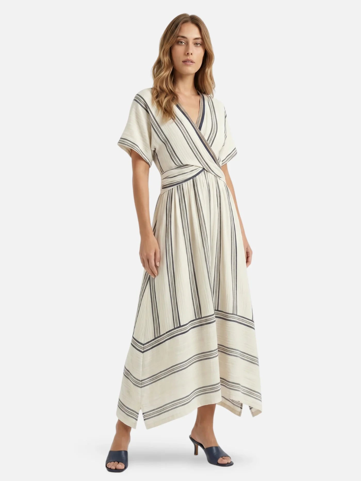 Women’s Striped Maxi Dress – V-Neck Cinched Waist Flowy Summer Dress