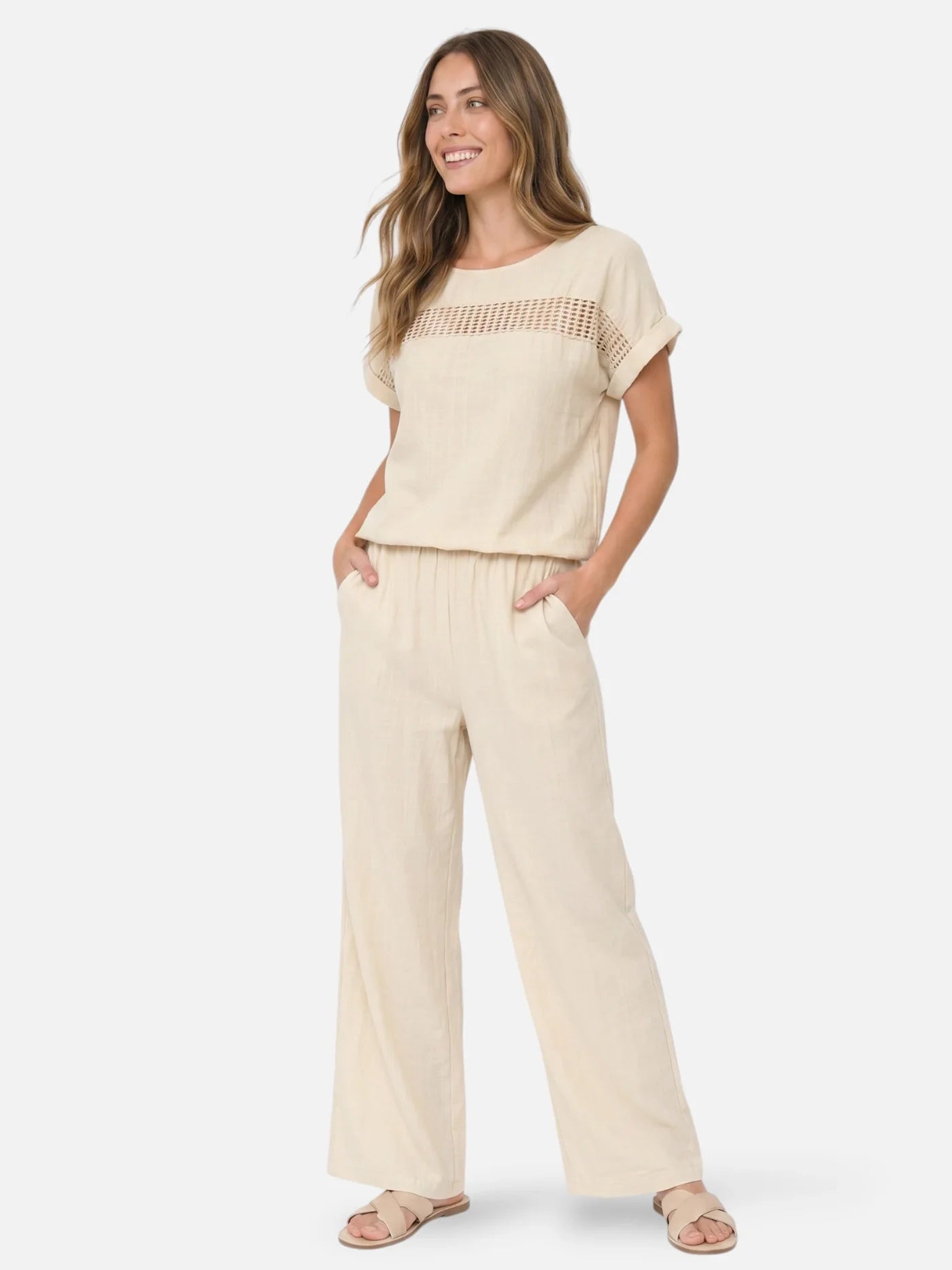 Women’s Matching Set with Short Sleeve Top and Wide Leg Pants – Lightweight Summer Outfit