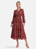 Women's Floral Midi Dress with Long Sleeves and Smocked Waist