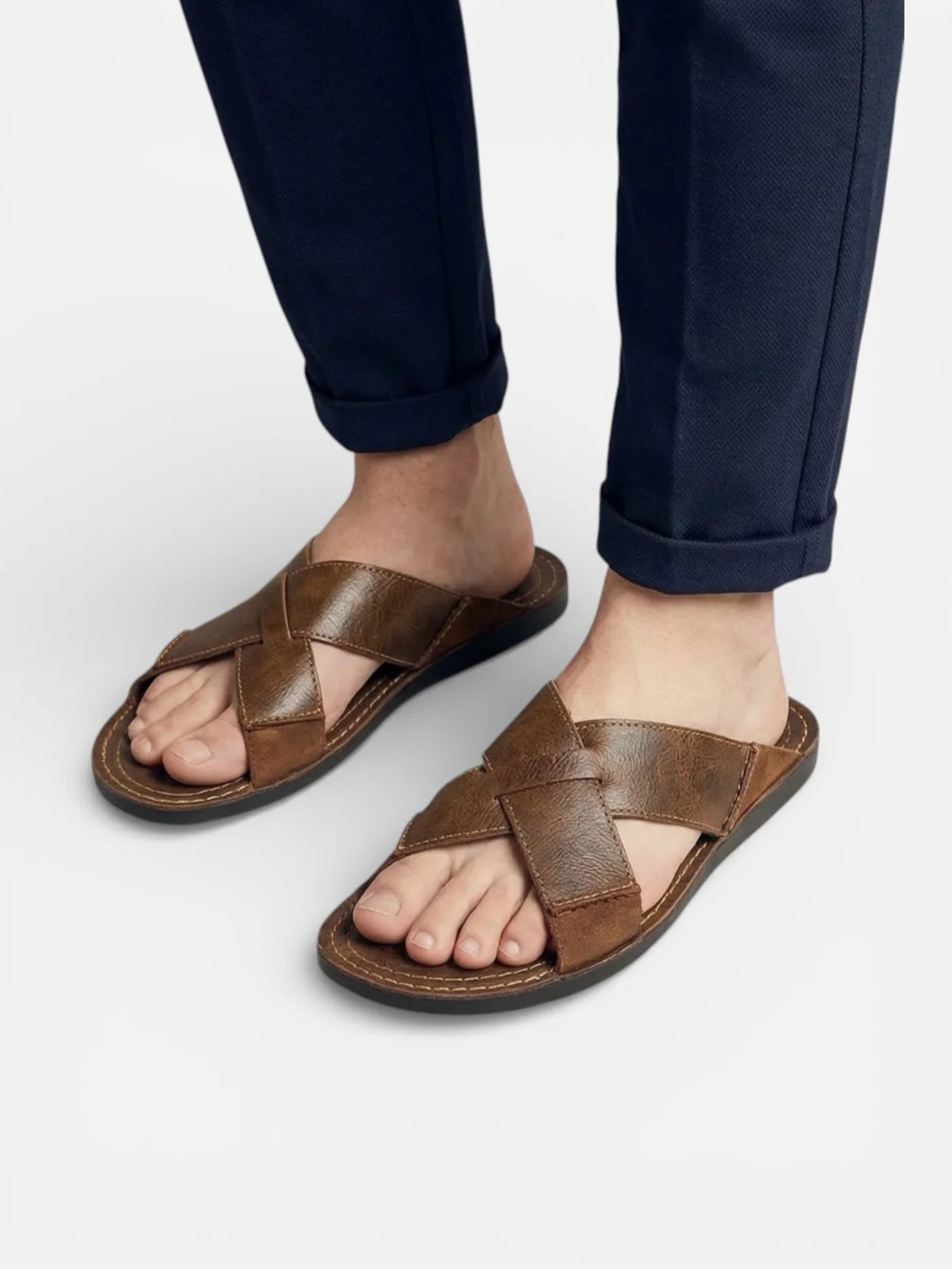 Men’s Leather Slide Sandals with Cross Straps for Summer Comfort