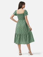 Women’s Floral Midi Dress with Smocked Waist and Ruffle Sleeves
