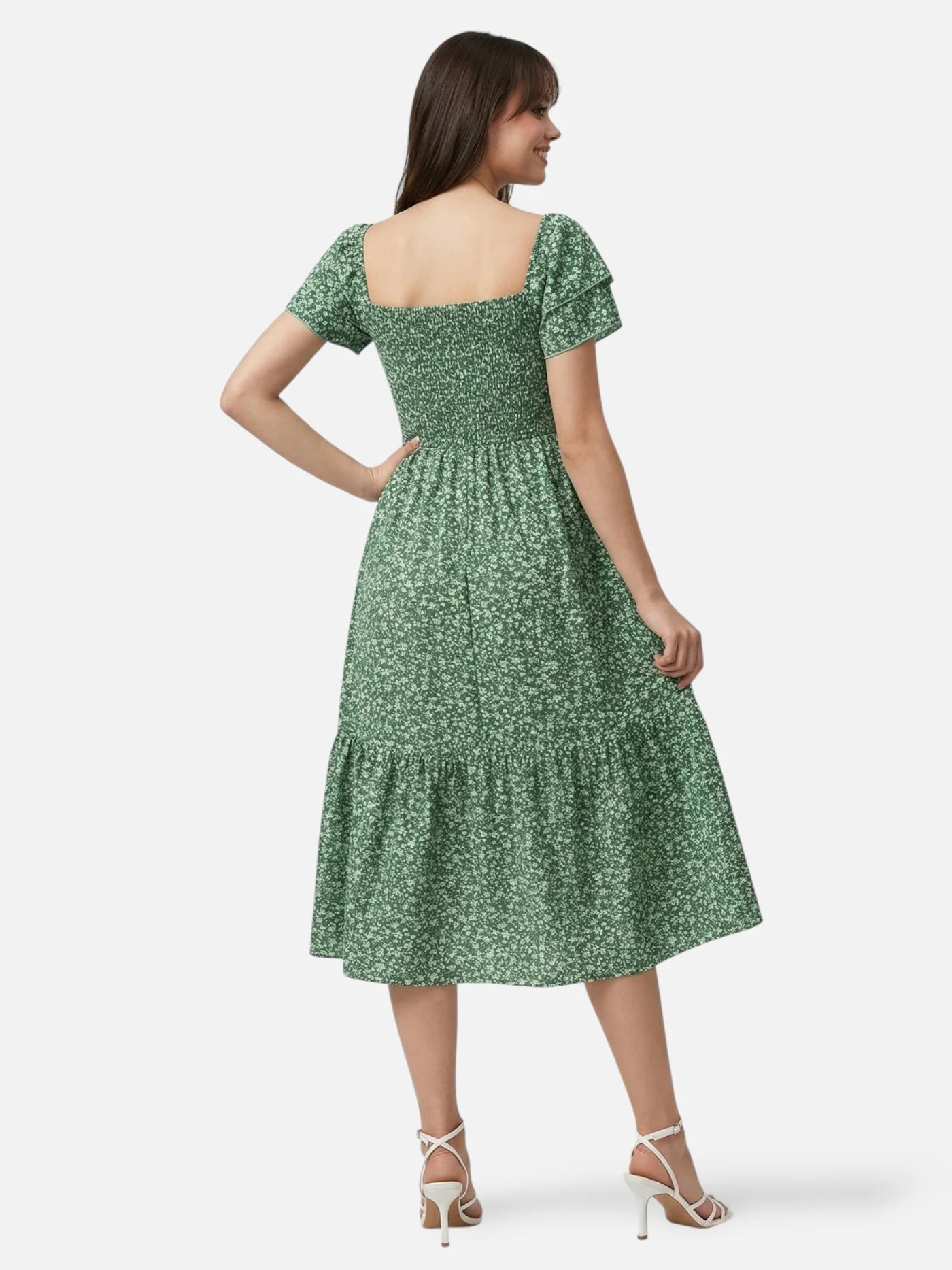 Women’s Floral Midi Dress with Smocked Waist and Ruffle Sleeves
