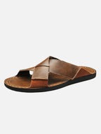 Men’s Leather Slide Sandals with Cross Straps for Summer Comfort