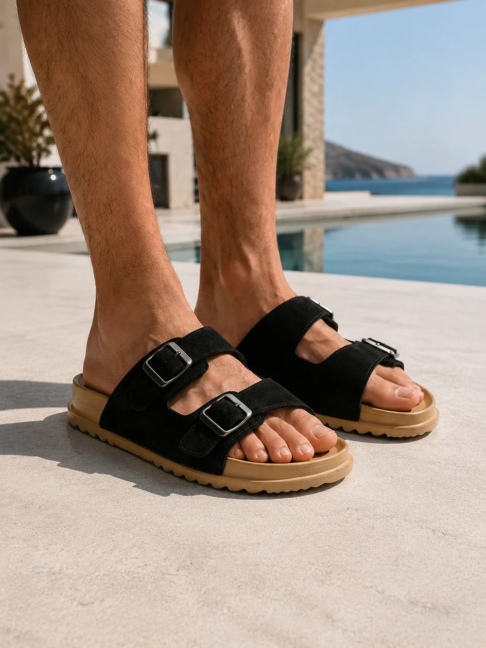 Men's Double Strap Slide Sandal with Metal Buckles