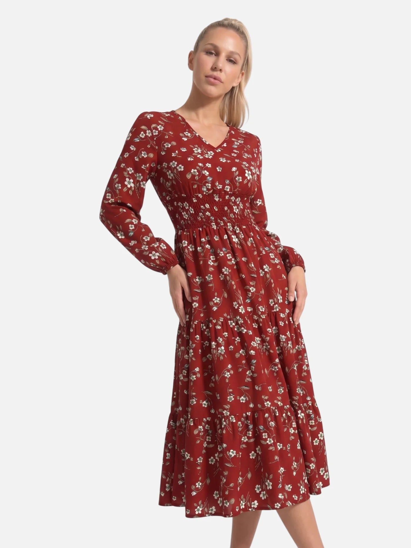 Women's Floral Midi Dress with Long Sleeves and Smocked Waist