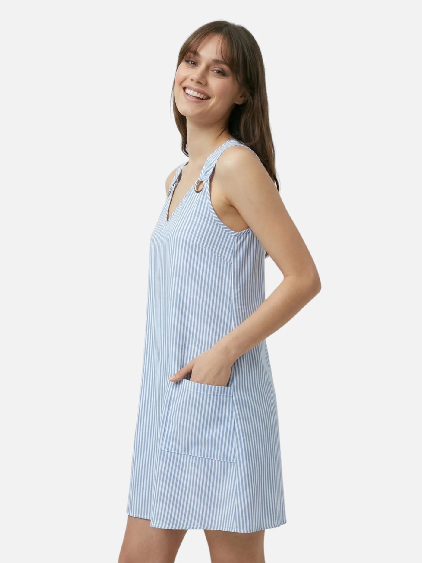 Women’s Striped A Line Mini Dress with Pockets Ring Detail and Sleeveless Design