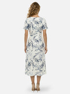 Women’s Leaf Print Midi Dress with V Neck and Flowy A-Line Fit