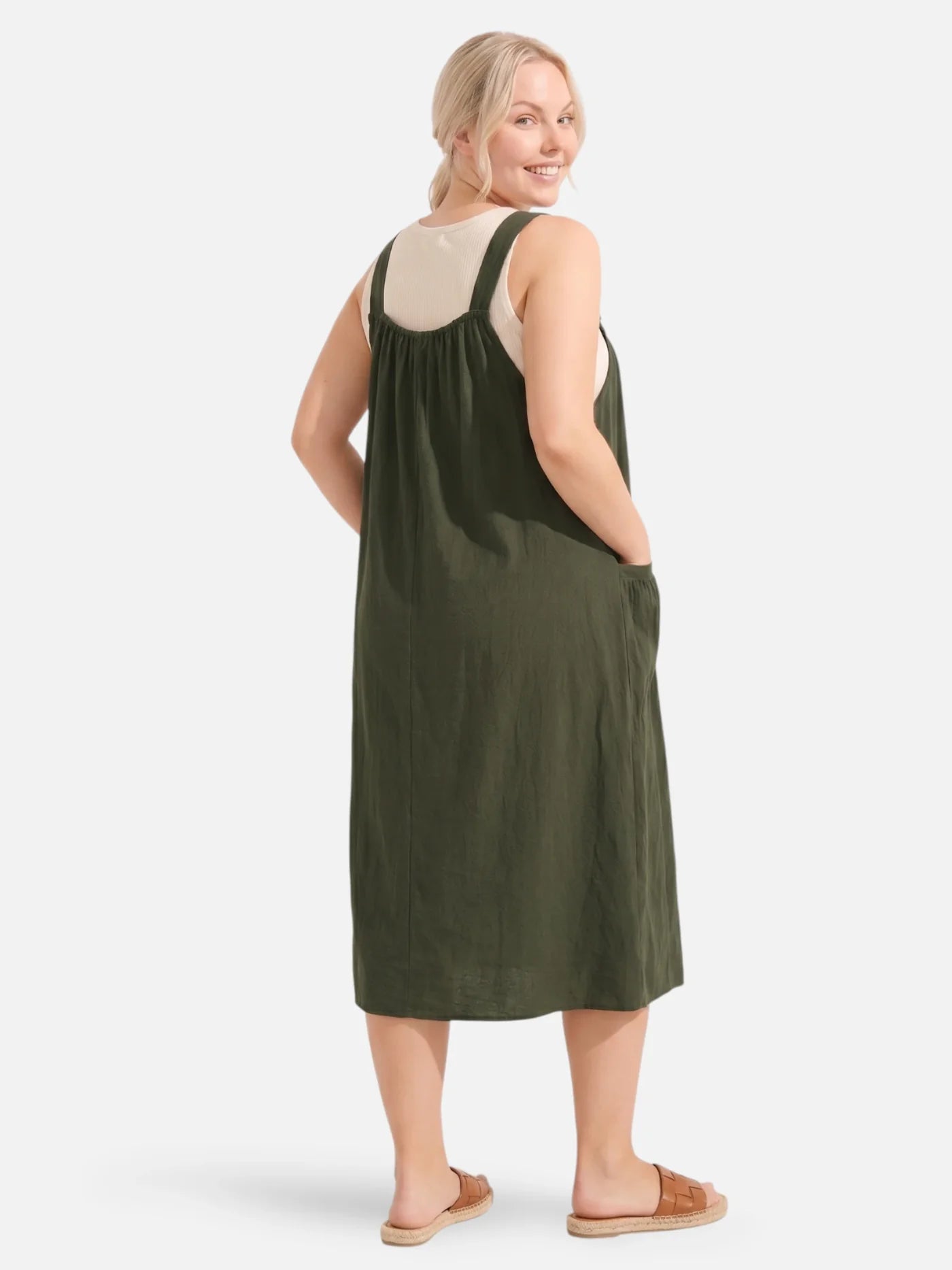 Women's Midi Pinafore Dress with Adjustable Straps and Side Pockets