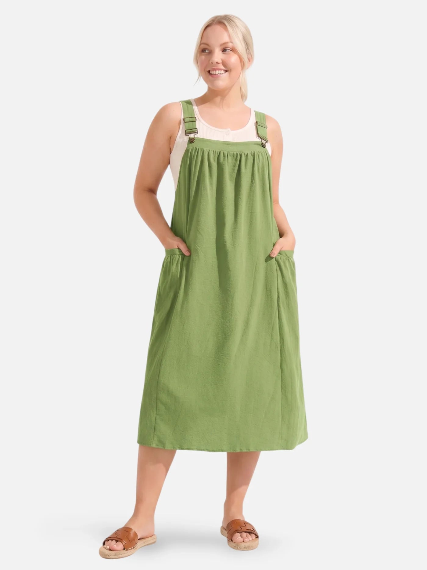 Women's Midi Pinafore Dress with Adjustable Straps and Side Pockets