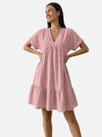 Women’s Flowy Mini Dress with V Neck Short Sleeves and Textured Fabric
