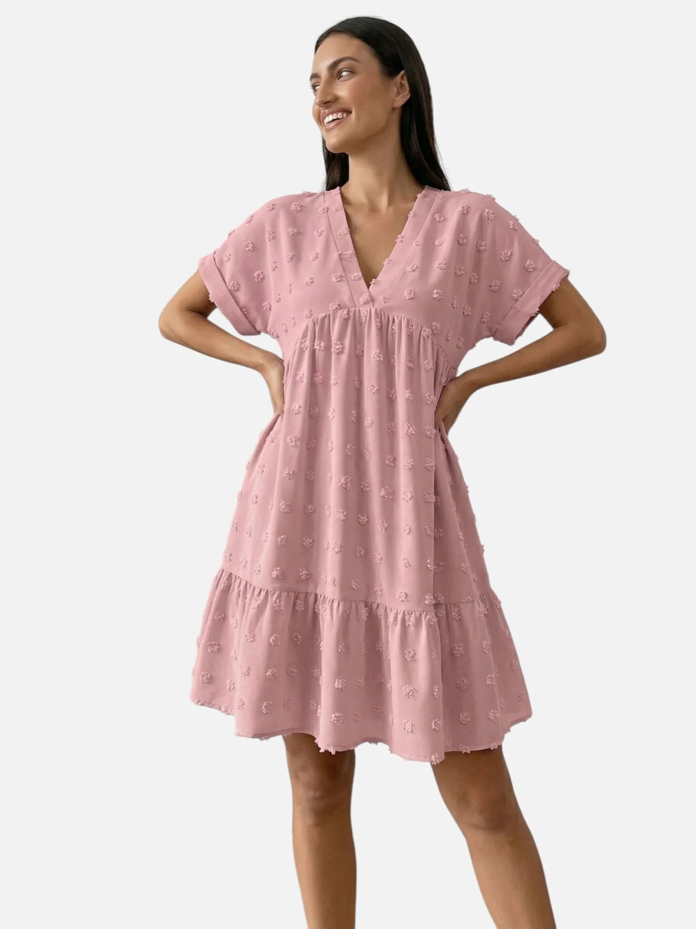 Women’s Flowy Mini Dress with V Neck Short Sleeves and Textured Fabric