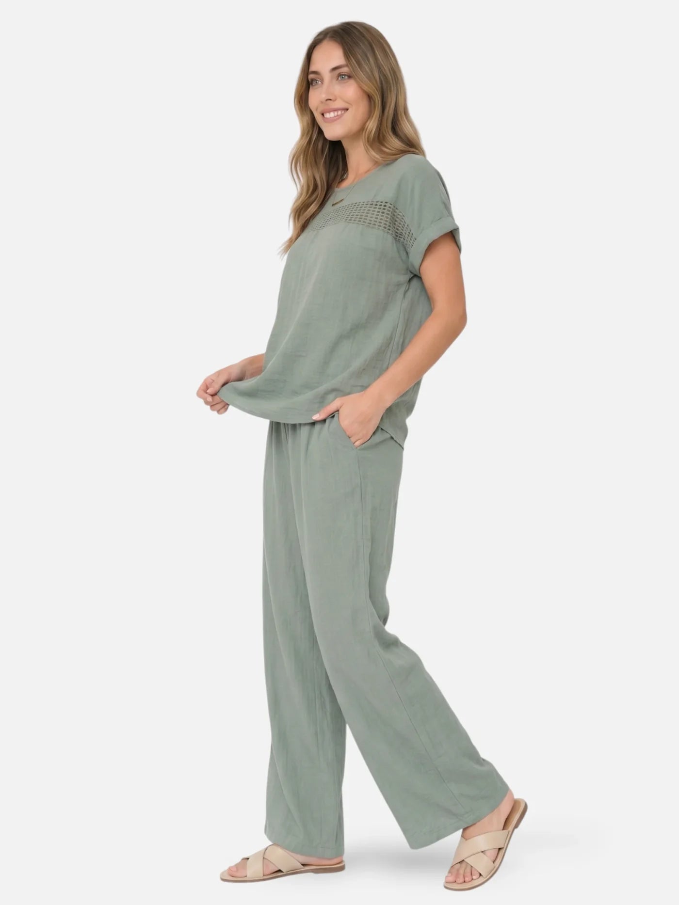 Women’s Matching Set with Short Sleeve Top and Wide Leg Pants – Lightweight Summer Outfit