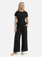 Women’s Textured Matching Set with Short Sleeve Top and Wide Leg Pants