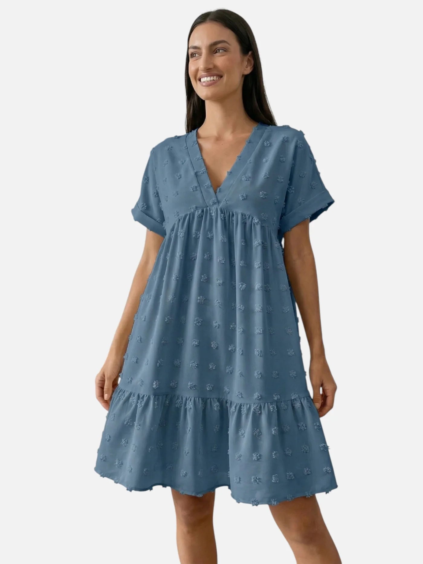 Women’s Flowy Mini Dress with V Neck Short Sleeves and Textured Fabric