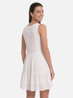 Women's Boho Mini Dress with Crochet Yoke and Tassel Trim